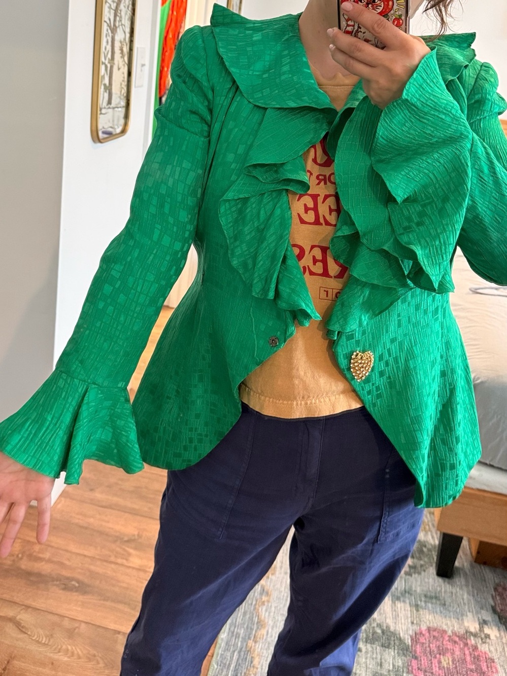 Vintage 80s Green Rimini Silk Blazer Ruffles & Rhinestone Closure - Picture 9 of 10